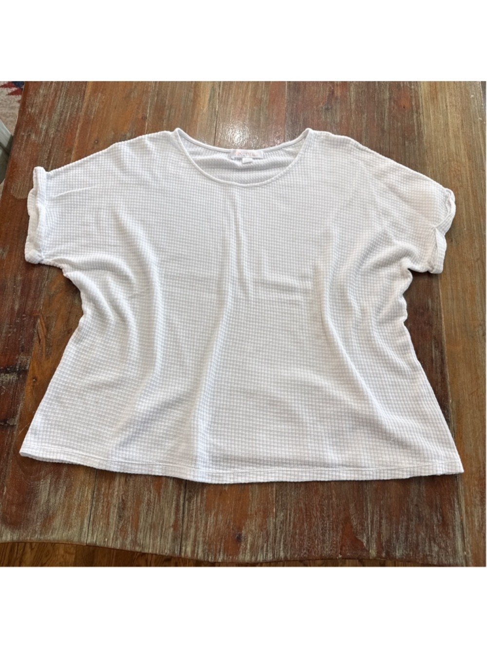 Renuar White Waffle Knit Boxy Top Cuffed Short Sleeve Scoop Neck Large